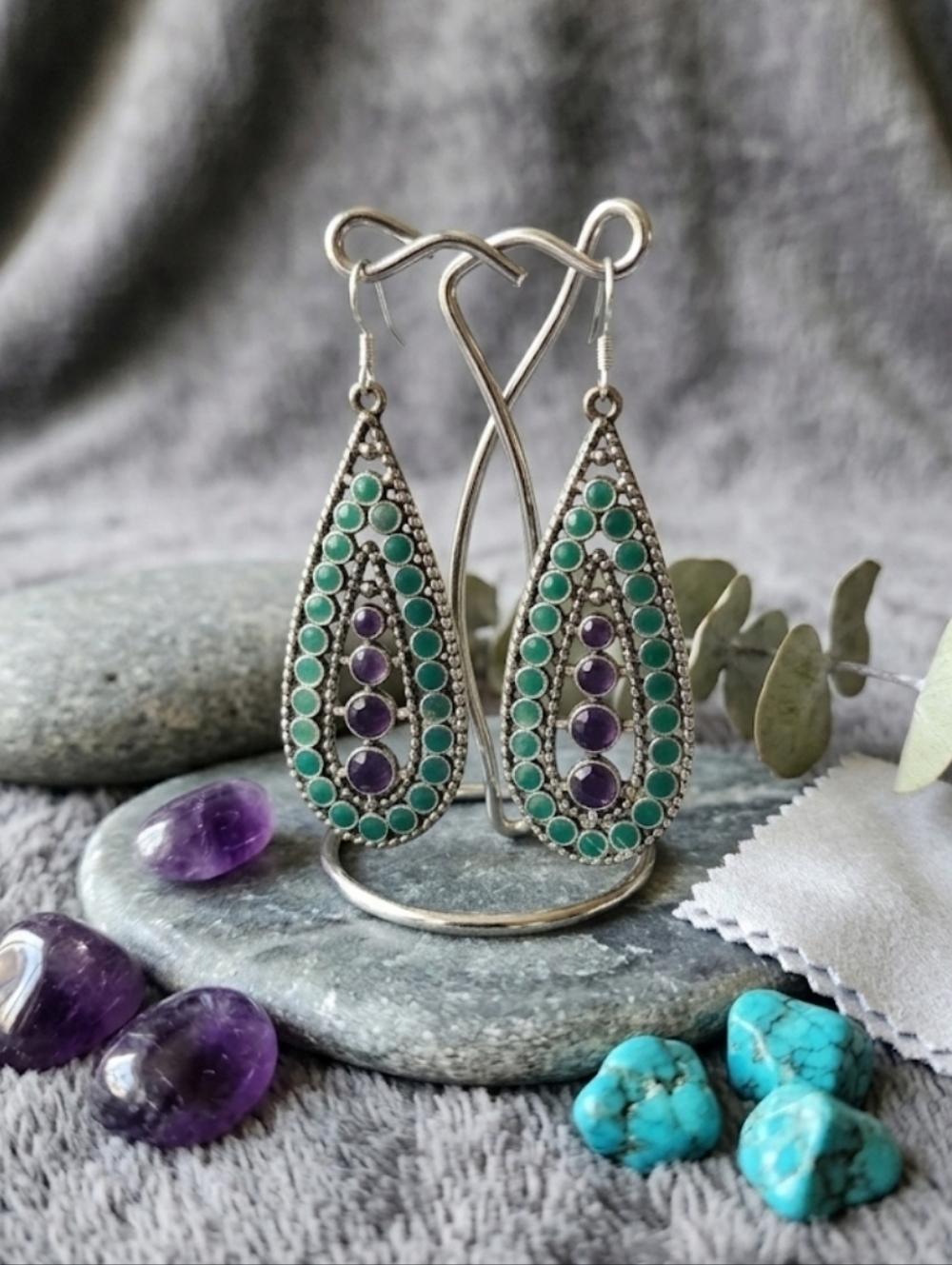 Boho Silver Teardrop Earrings - Purple & Teal-Green Artisan Style